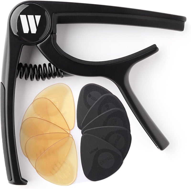 Wingo Guitar Capo for Acoustic and Electric Guitars, Ukulele, Mandolin, Banjo - Black with 10 Non-slip Picks. - Image 1